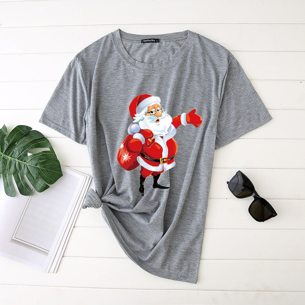 Unisex Santa Printed Loose Round Neck T-Shirt Carrying Bags