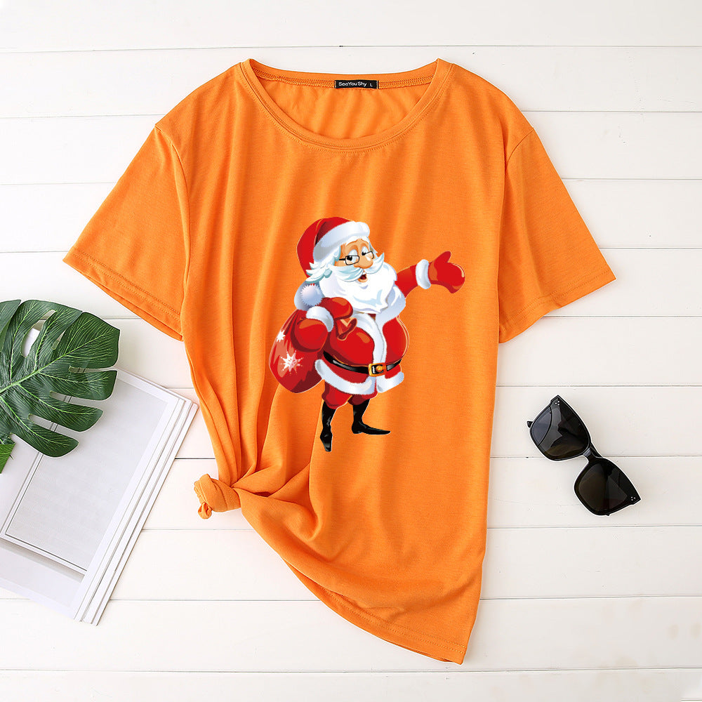 Unisex Santa Printed Loose Round Neck T-Shirt Carrying Bags