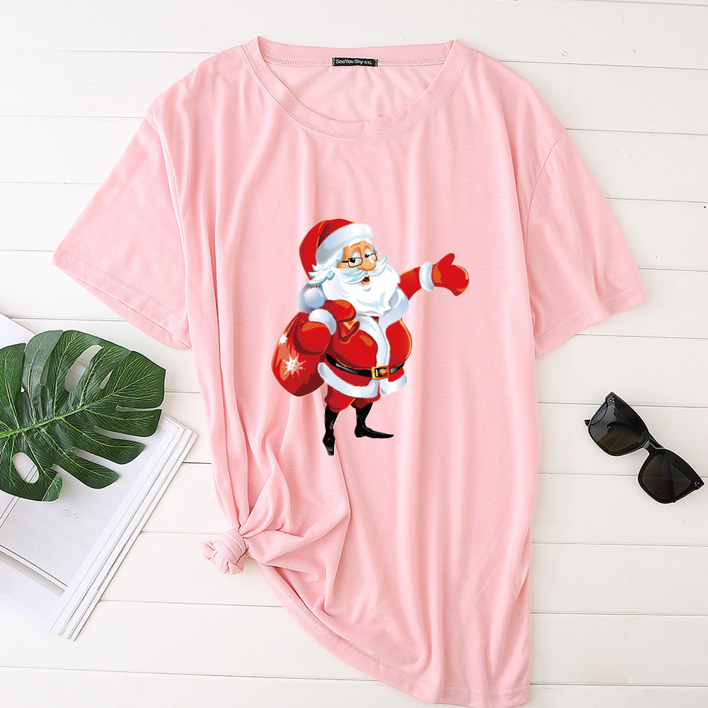 Unisex Santa Printed Loose Round Neck T-Shirt Carrying Bags