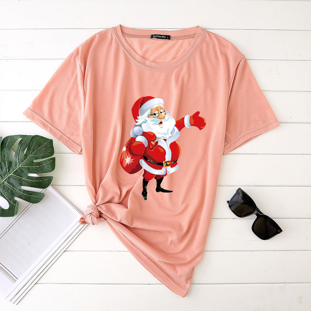 Unisex Santa Printed Loose Round Neck T-Shirt Carrying Bags
