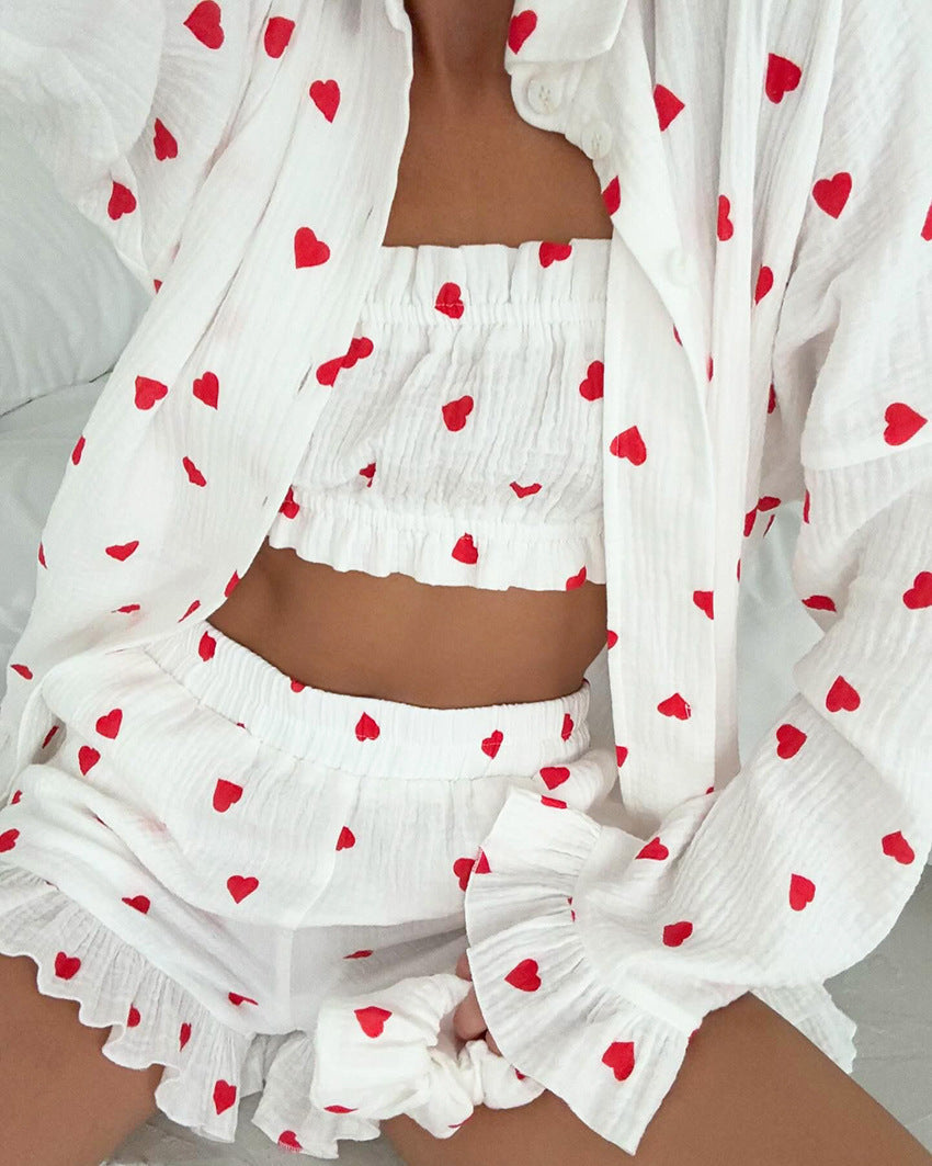 Casual And Sweet Heart Shape Printed Bell Sleeve Lace Three-piece Homewear