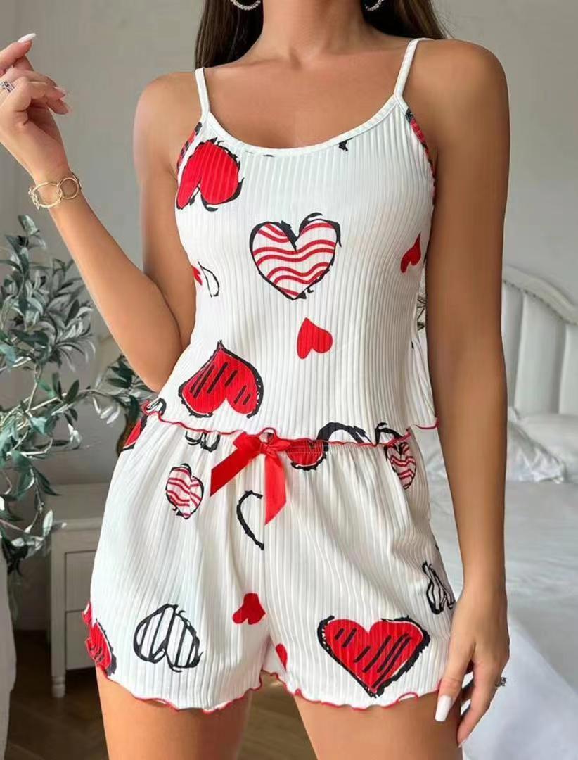 Women's Pajamas Fashion Printed Sweet Spaghetti-strap Shorts Suit