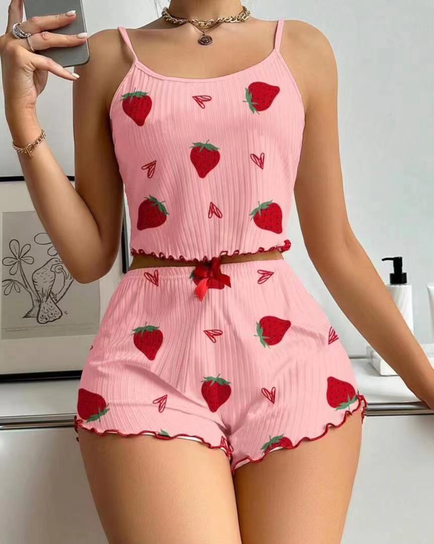 Women's Pajamas Fashion Printed Sweet Spaghetti-strap Shorts Suit
