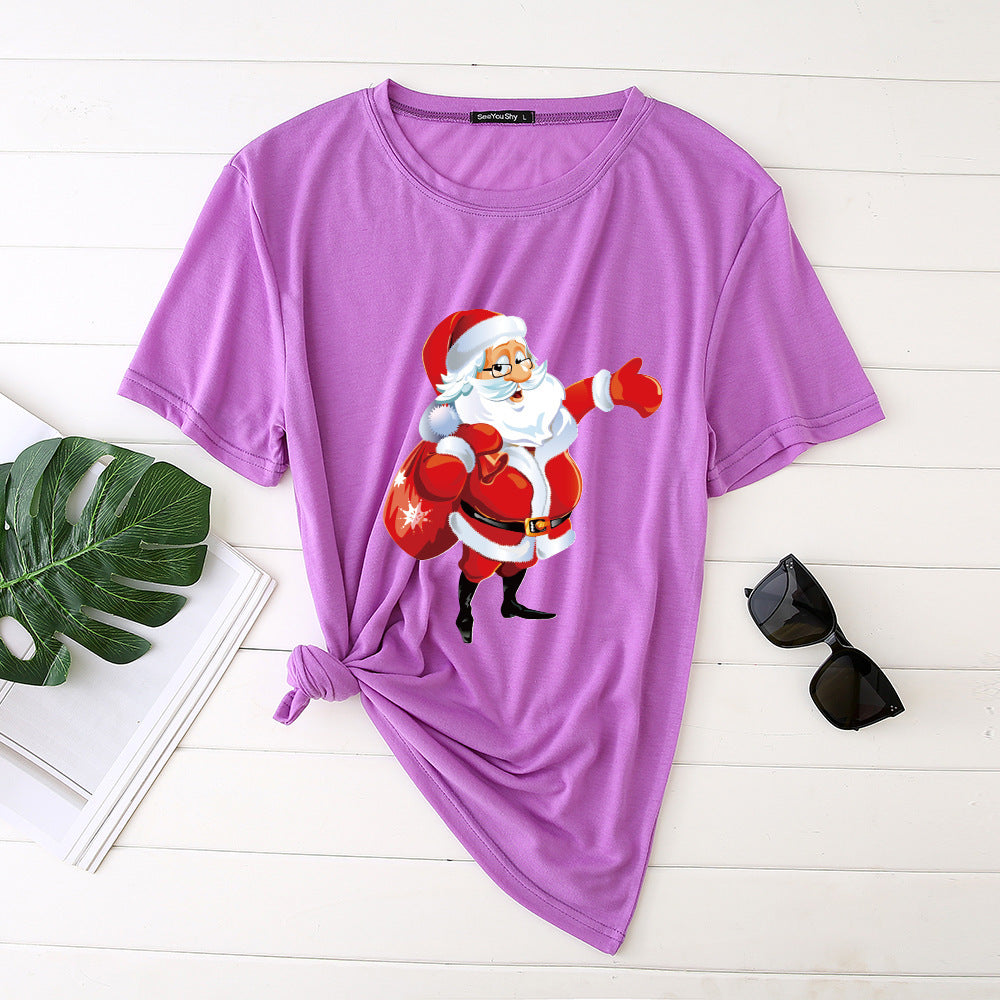 Unisex Santa Printed Loose Round Neck T-Shirt Carrying Bags