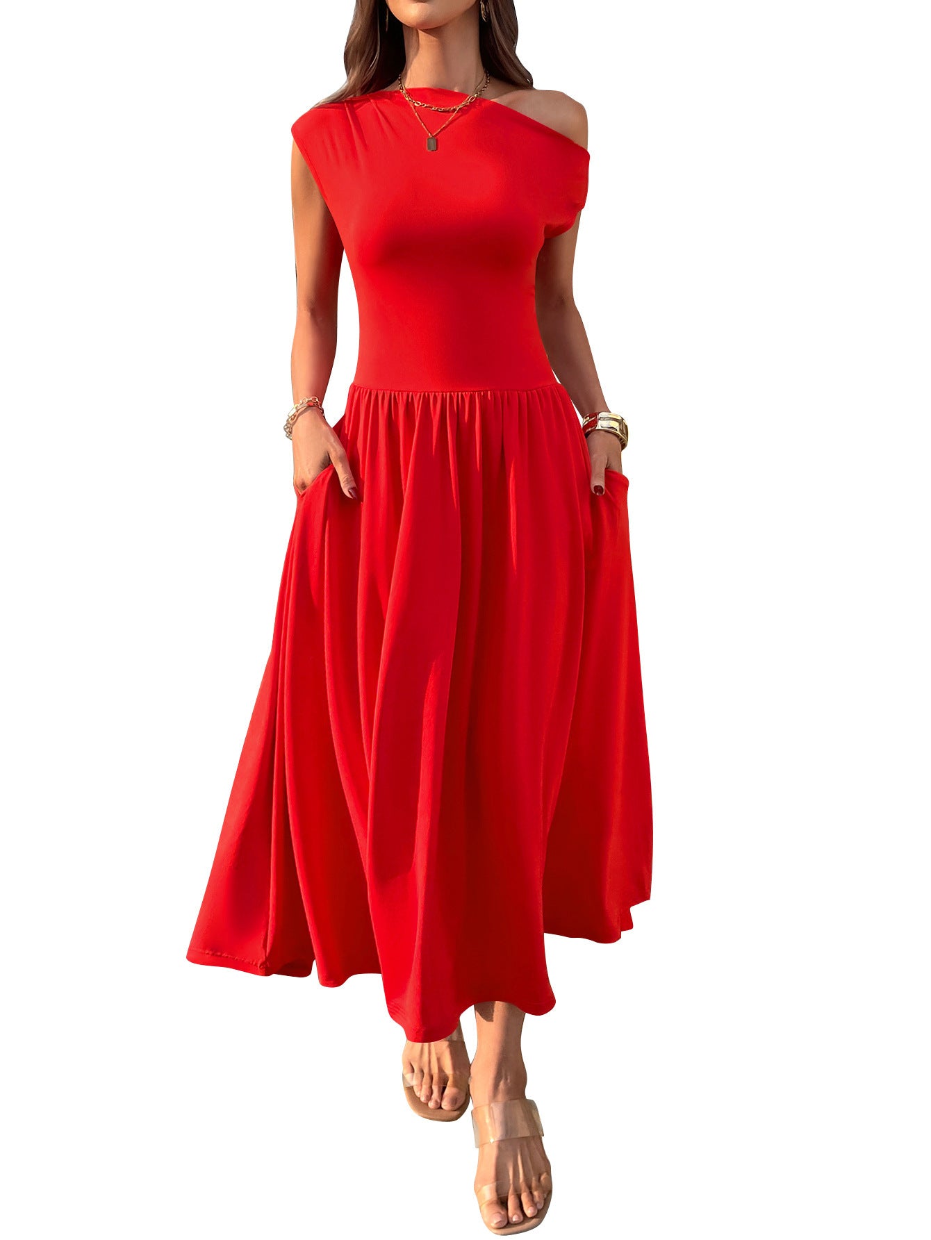 Slant Shoulder Sexy Waist Trimming Long With Pocket Dress