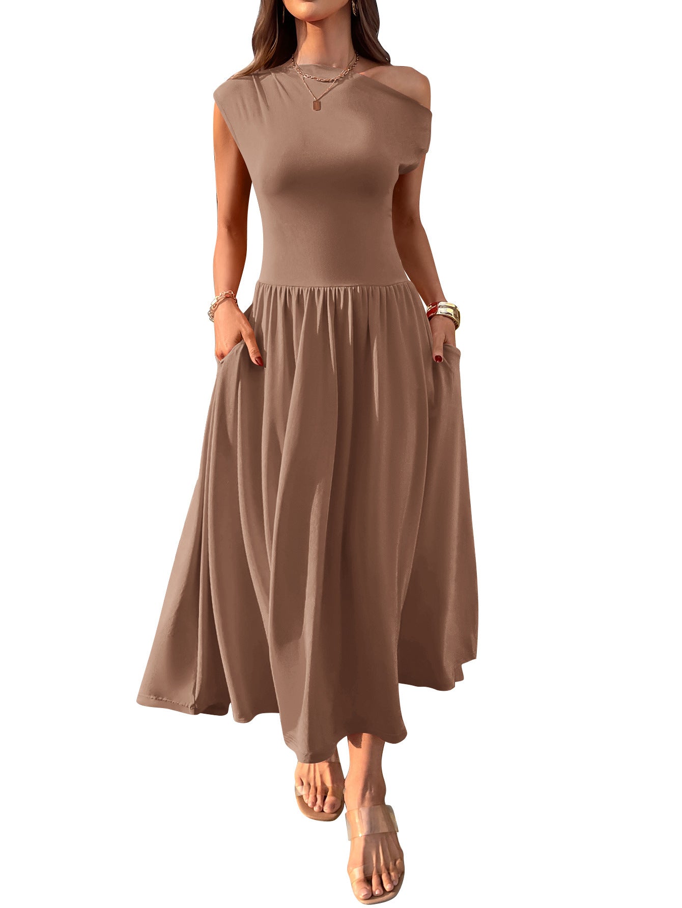 Slant Shoulder Sexy Waist Trimming Long With Pocket Dress