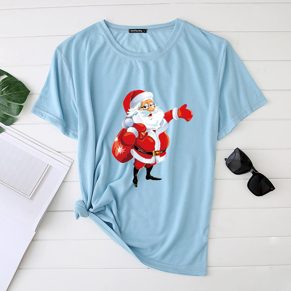 Unisex Santa Printed Loose Round Neck T-Shirt Carrying Bags