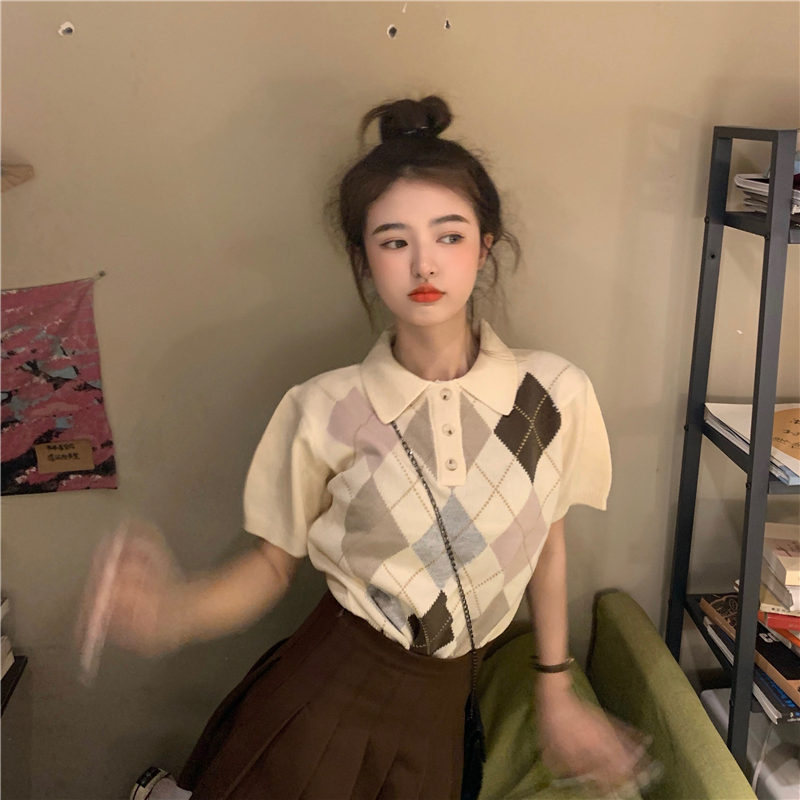 Gentle Wind Contrast Color Rhombus Short-sleeved T-shirt Blouse