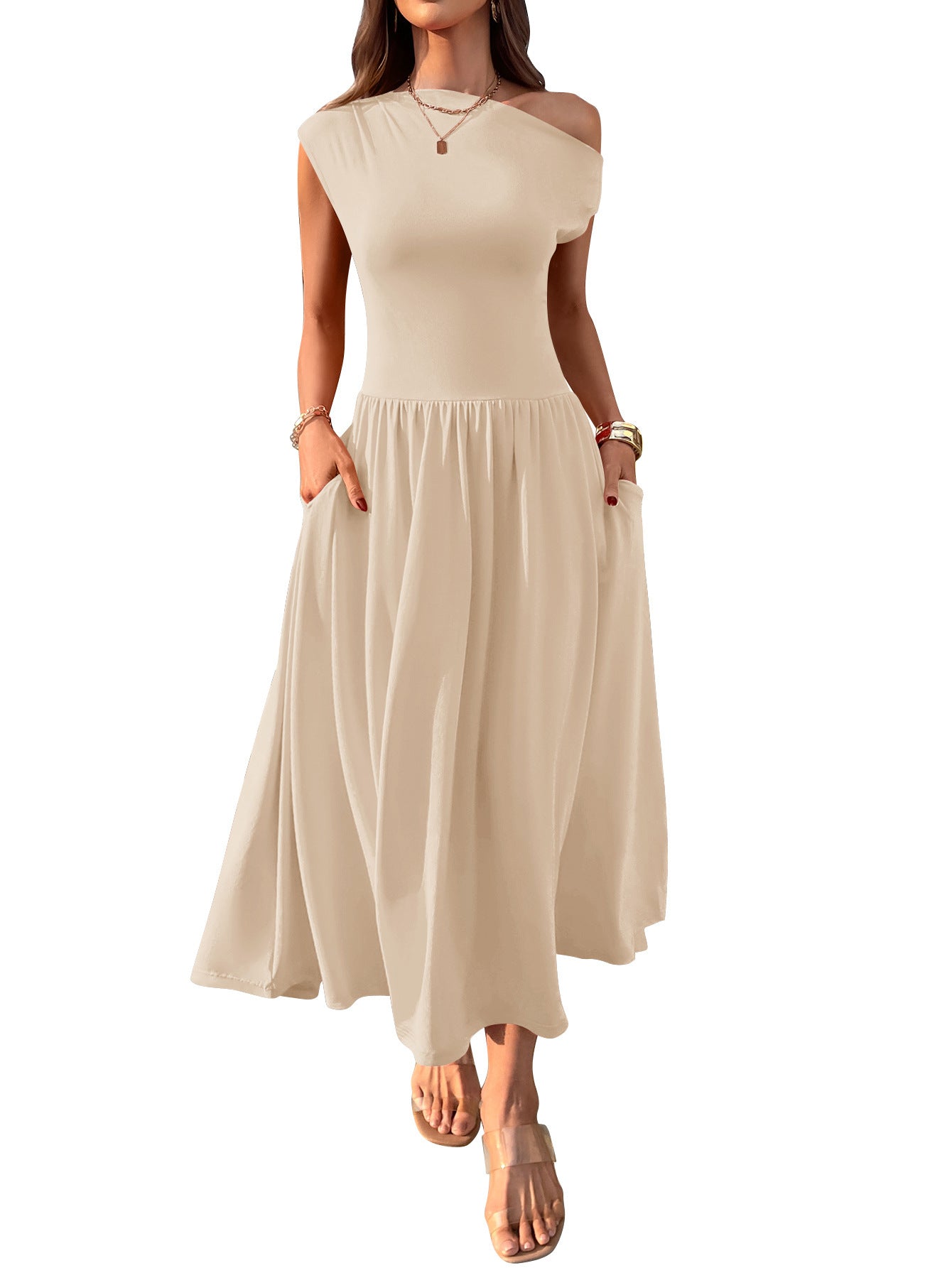 Slant Shoulder Sexy Waist Trimming Long With Pocket Dress