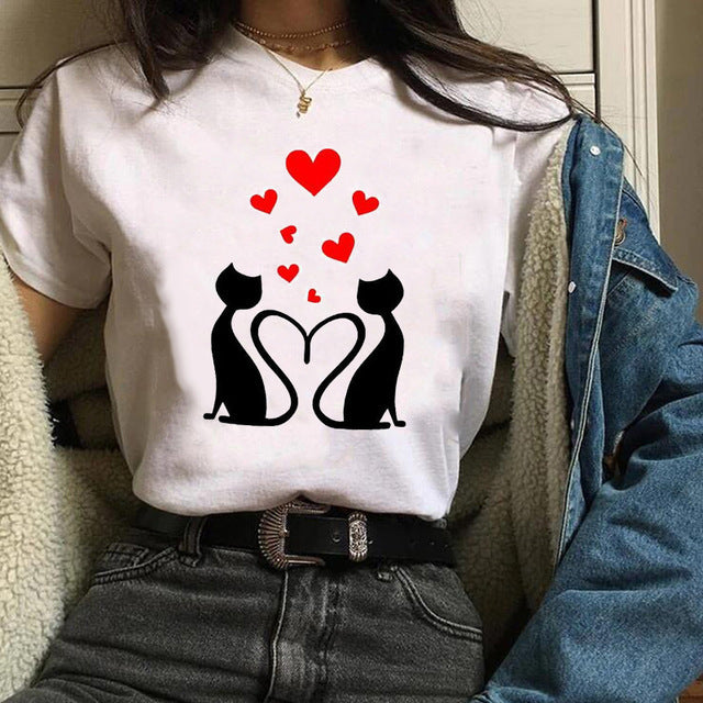 Cute Cat Love Men And Women Couple Suit Plus Size Short Sleeve