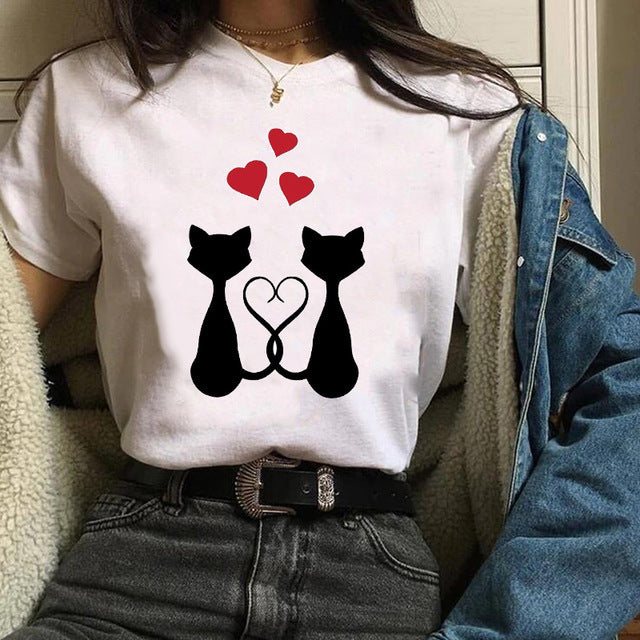 Cute Cat Love Men And Women Couple Suit Plus Size Short Sleeve