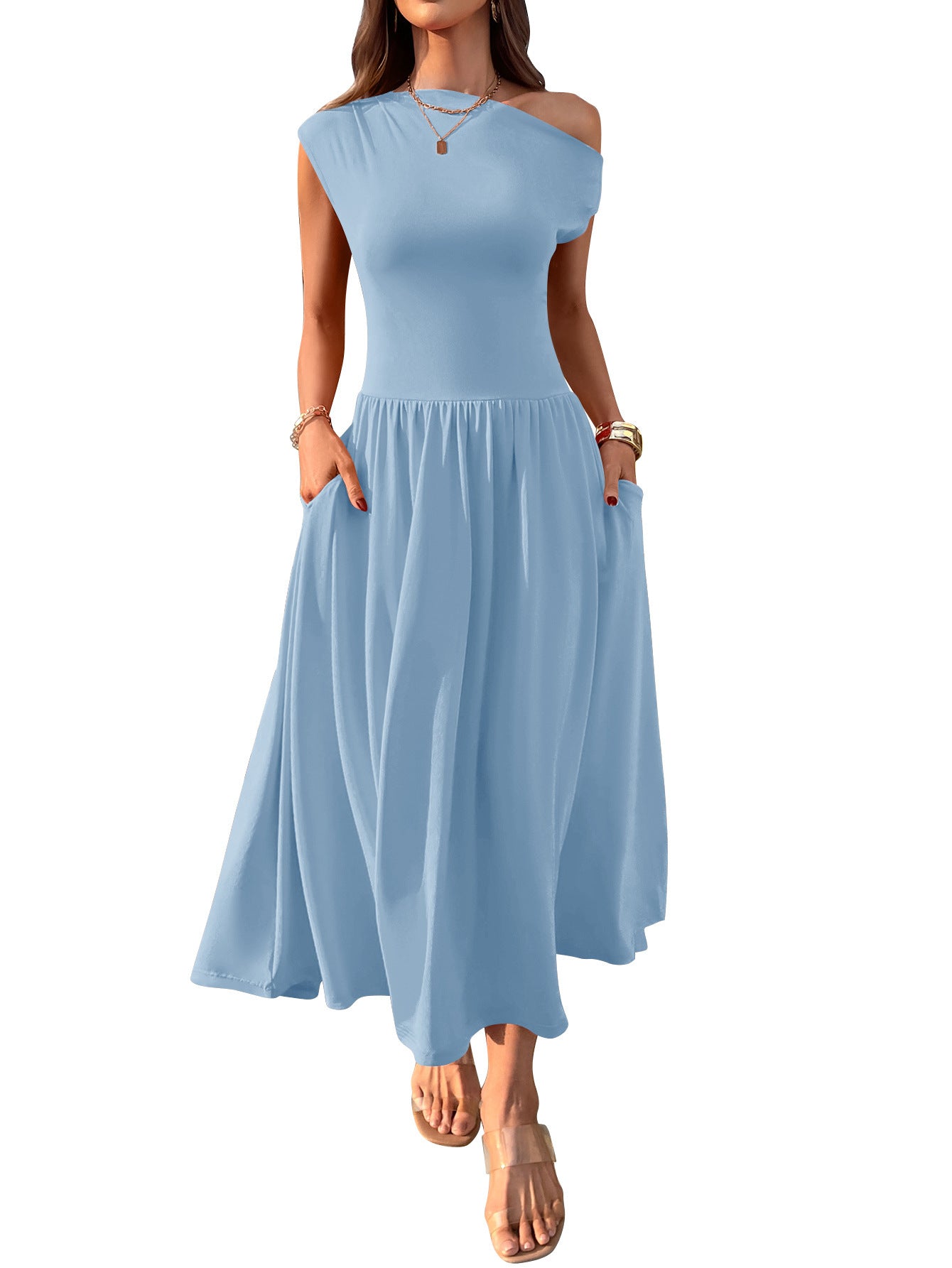 Slant Shoulder Sexy Waist Trimming Long With Pocket Dress
