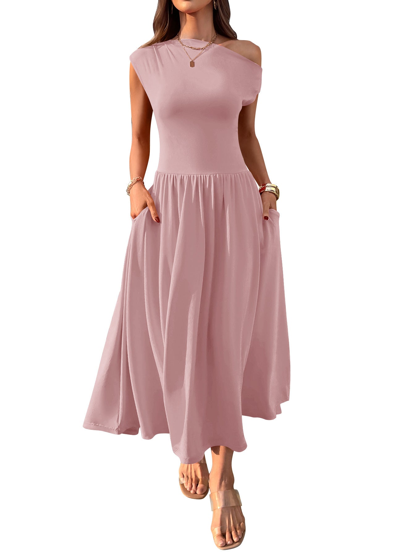 Slant Shoulder Sexy Waist Trimming Long With Pocket Dress