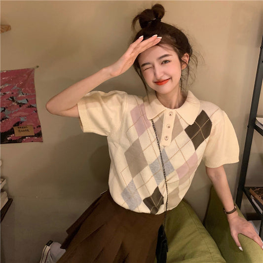 Gentle Wind Contrast Color Rhombus Short-sleeved T-shirt Blouse