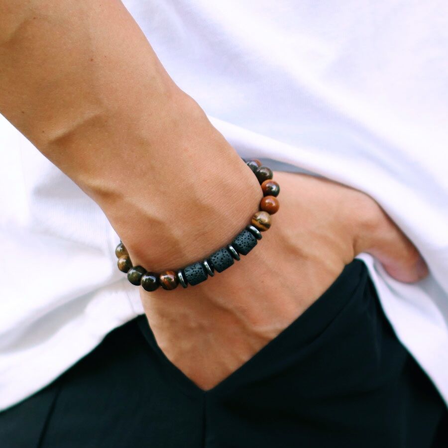Natural Tiger Eye Volcanic Rock Beaded Bracelet