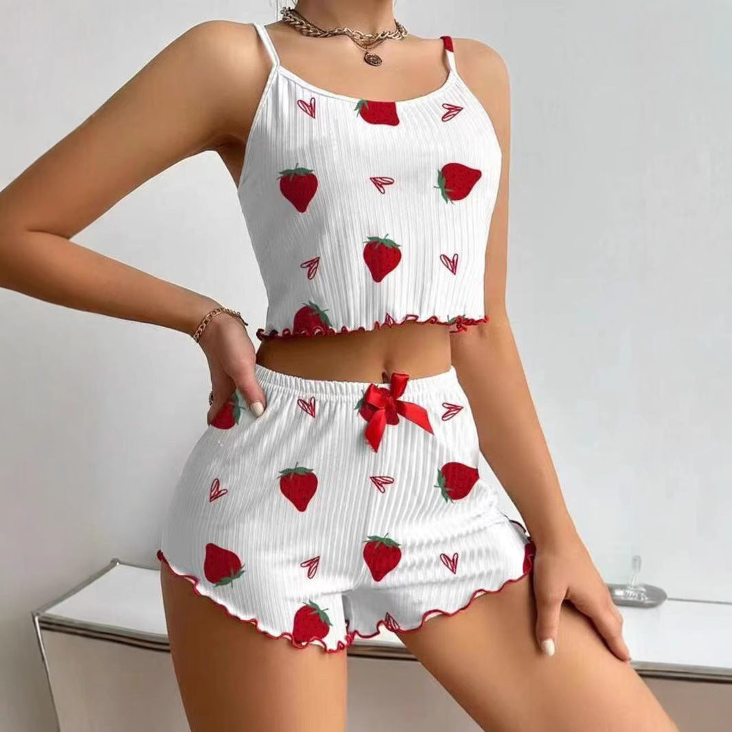 Women's Pajamas Fashion Printed Sweet Spaghetti-strap Shorts Suit