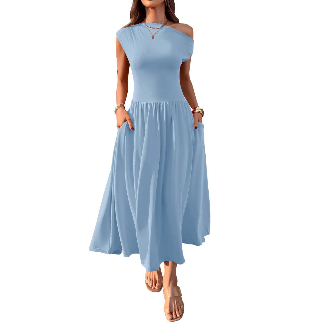 Slant Shoulder Sexy Waist Trimming Long With Pocket Dress