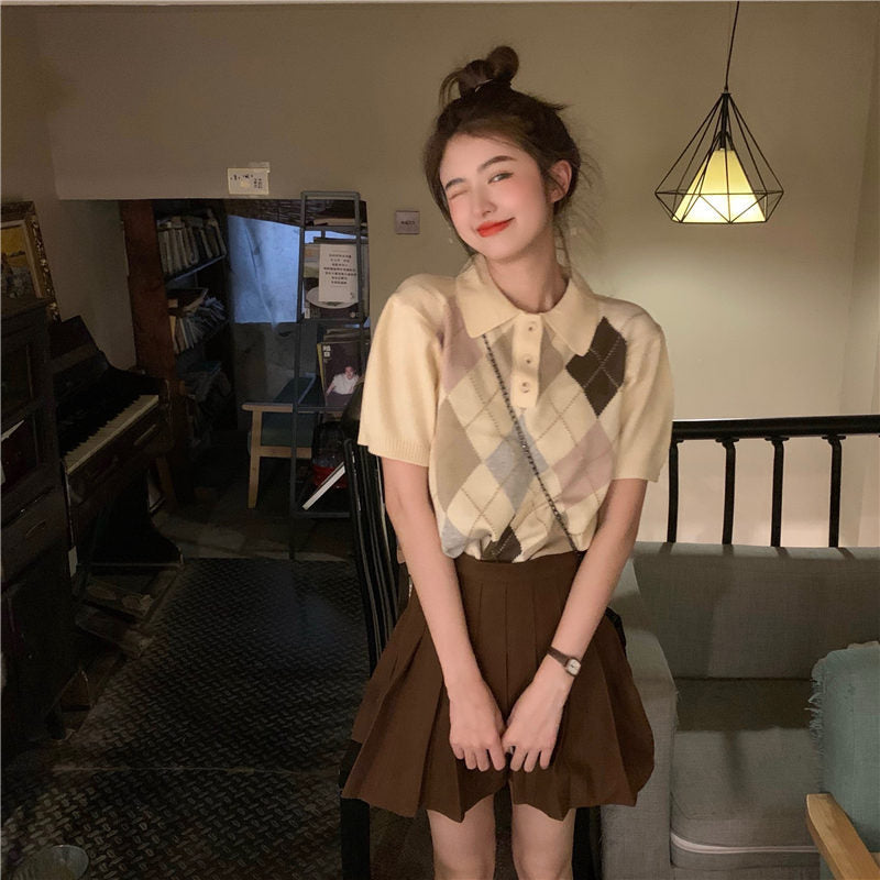 Gentle Wind Contrast Color Rhombus Short-sleeved T-shirt Blouse