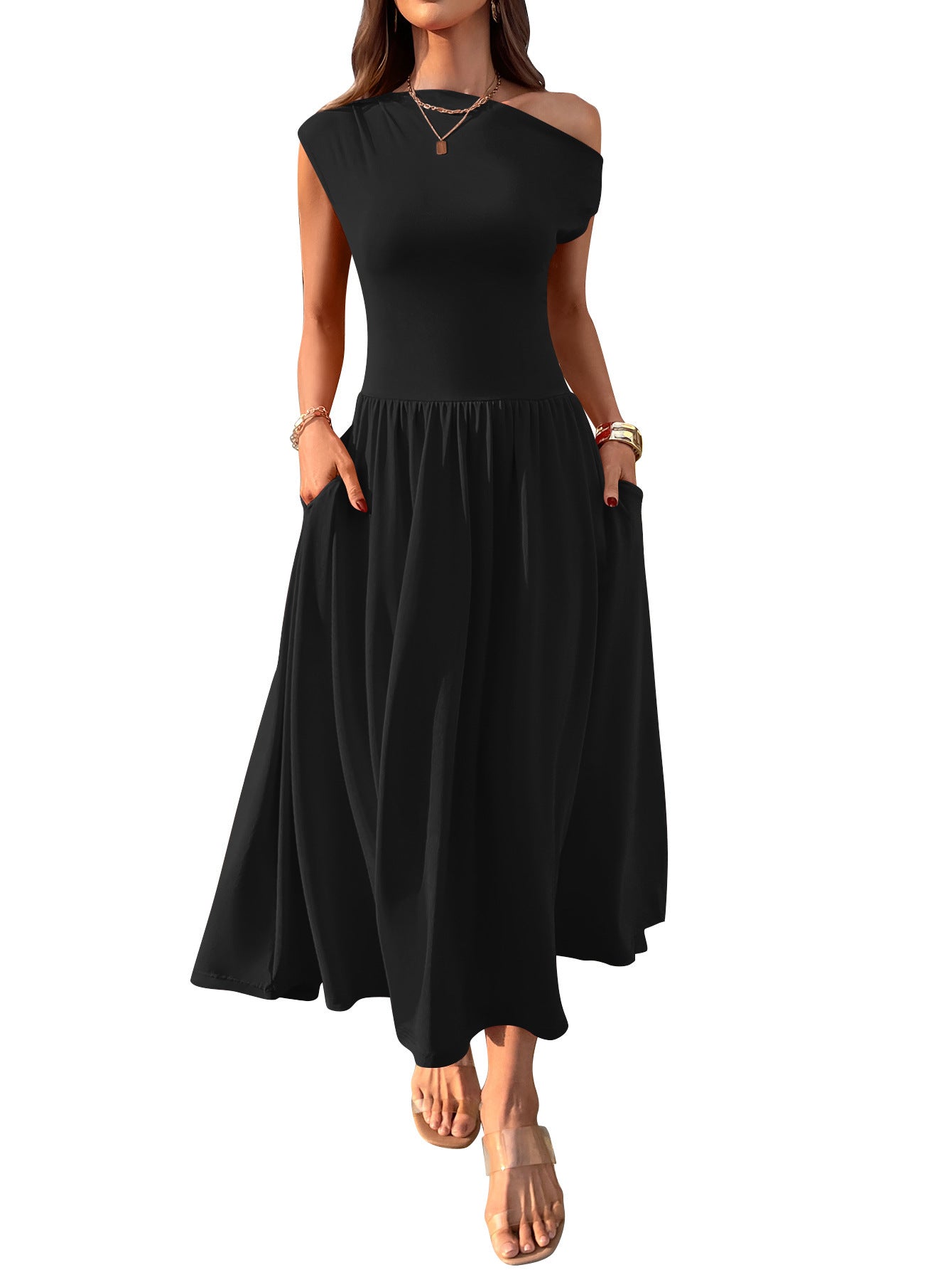 Slant Shoulder Sexy Waist Trimming Long With Pocket Dress