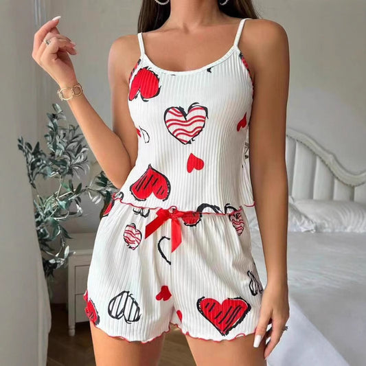 Women's Pajamas Fashion Printed Sweet Spaghetti-strap Shorts Suit