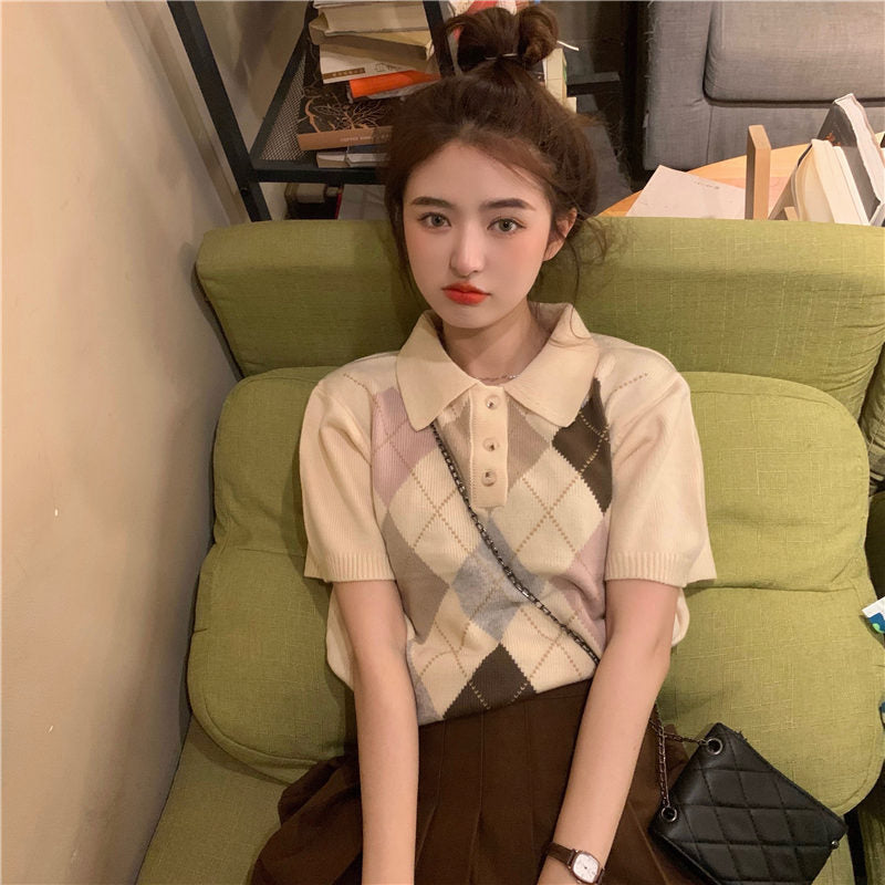 Gentle Wind Contrast Color Rhombus Short-sleeved T-shirt Blouse