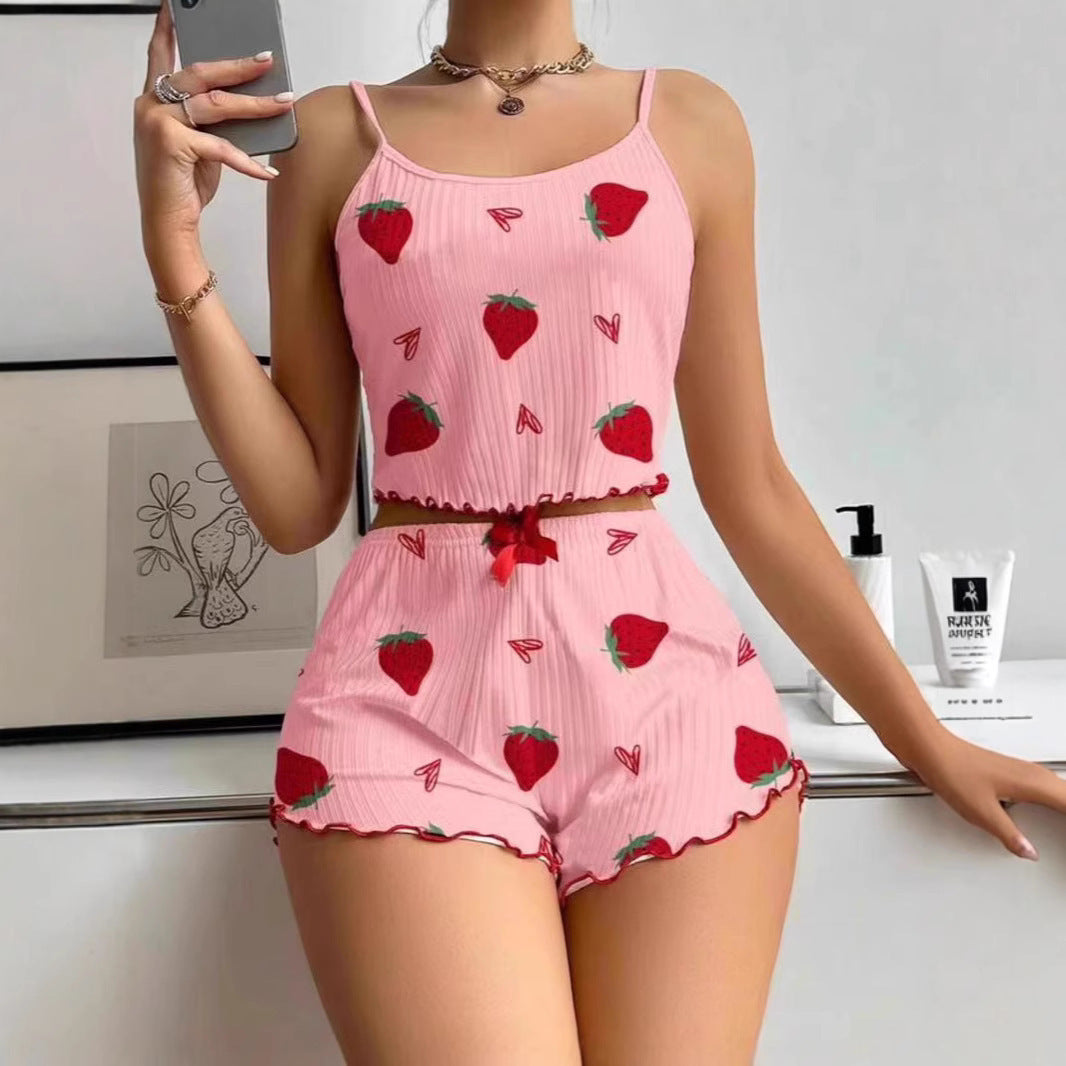 Women's Pajamas Fashion Printed Sweet Spaghetti-strap Shorts Suit