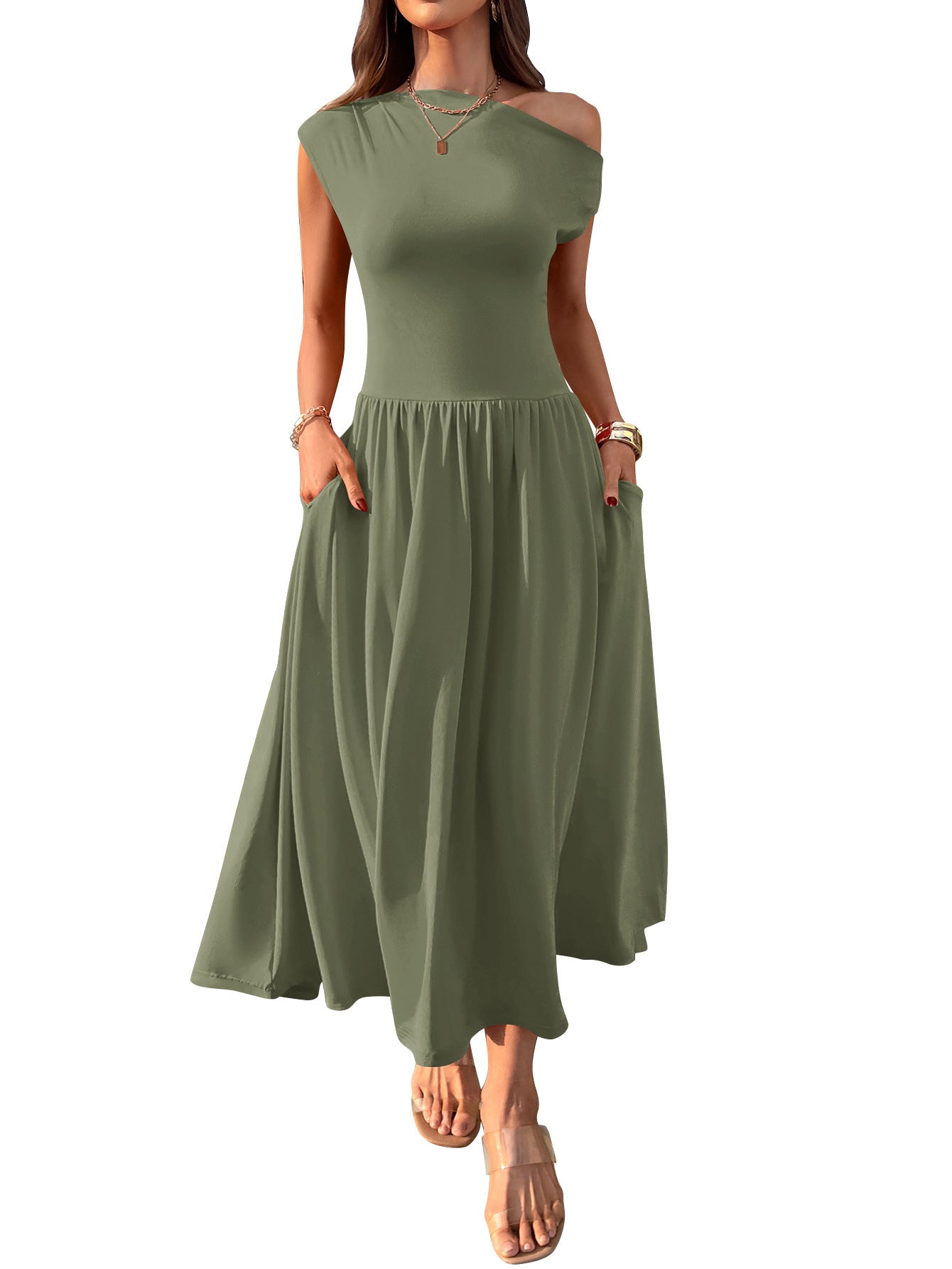 Slant Shoulder Sexy Waist Trimming Long With Pocket Dress