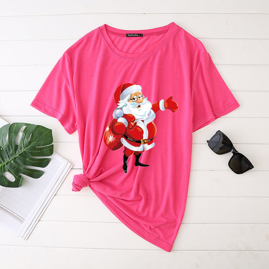 Unisex Santa Printed Loose Round Neck T-Shirt Carrying Bags
