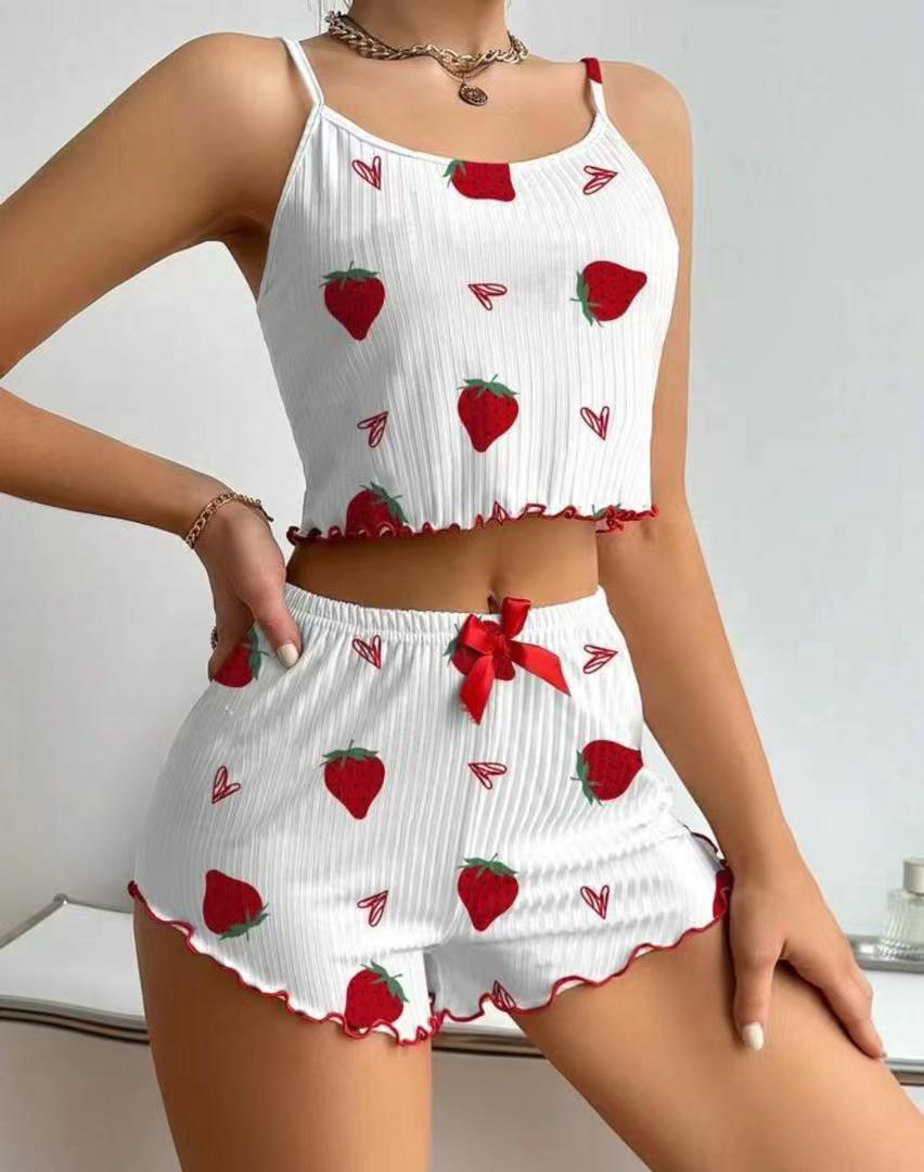 Women's Pajamas Fashion Printed Sweet Spaghetti-strap Shorts Suit
