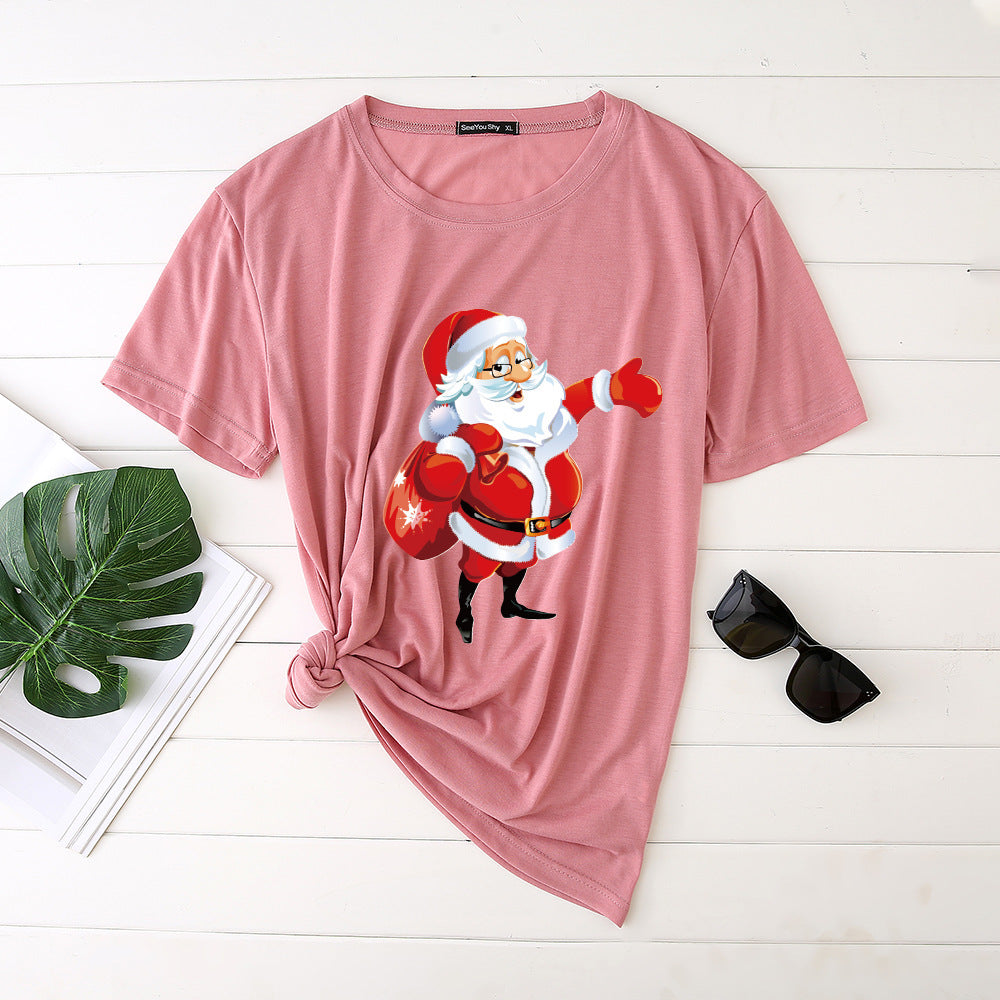 Unisex Santa Printed Loose Round Neck T-Shirt Carrying Bags