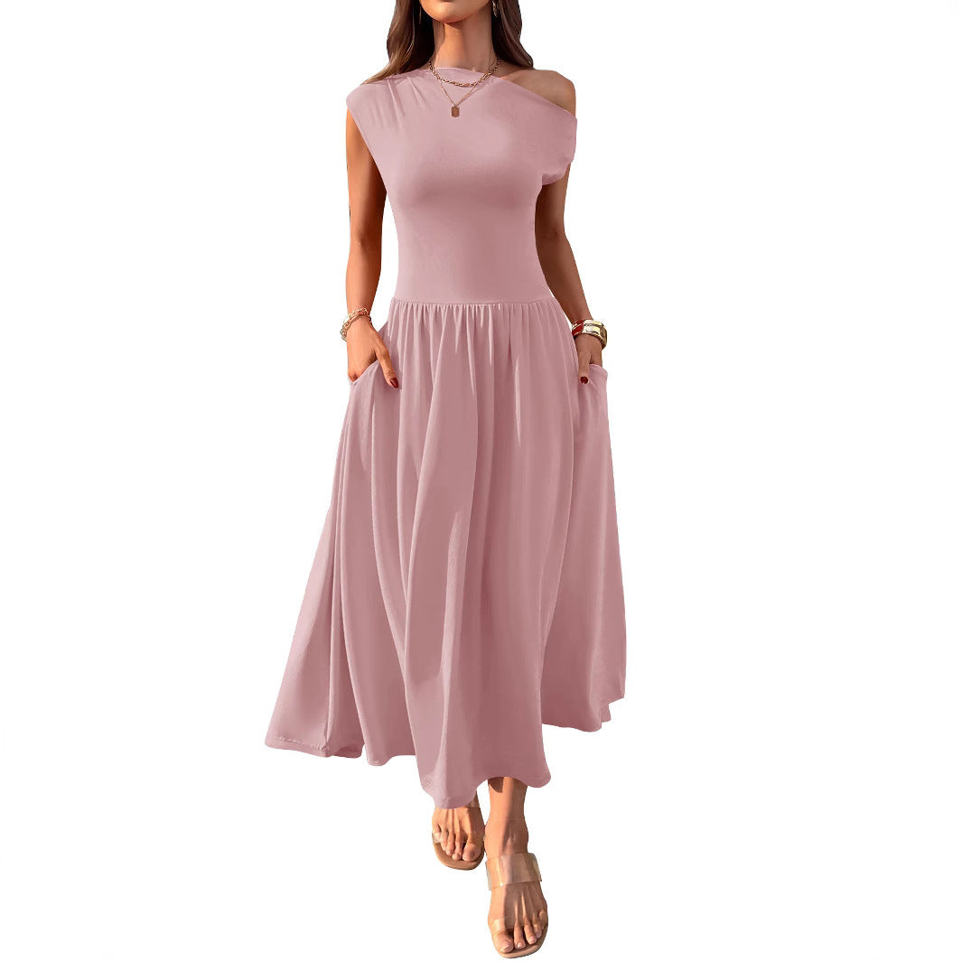 Slant Shoulder Sexy Waist Trimming Long With Pocket Dress