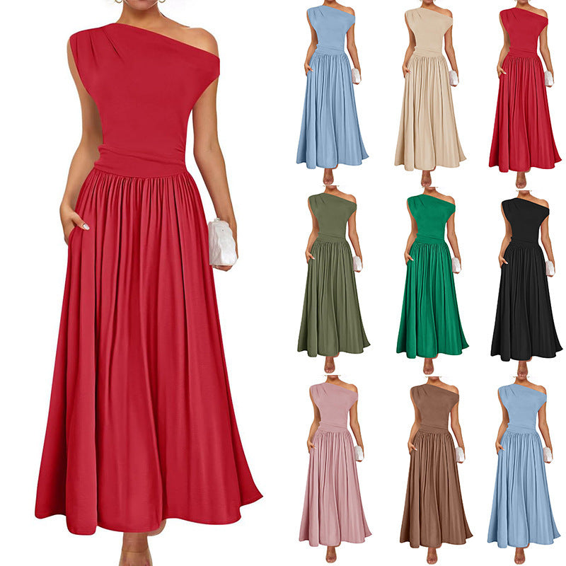 Slant Shoulder Sexy Waist Trimming Long With Pocket Dress
