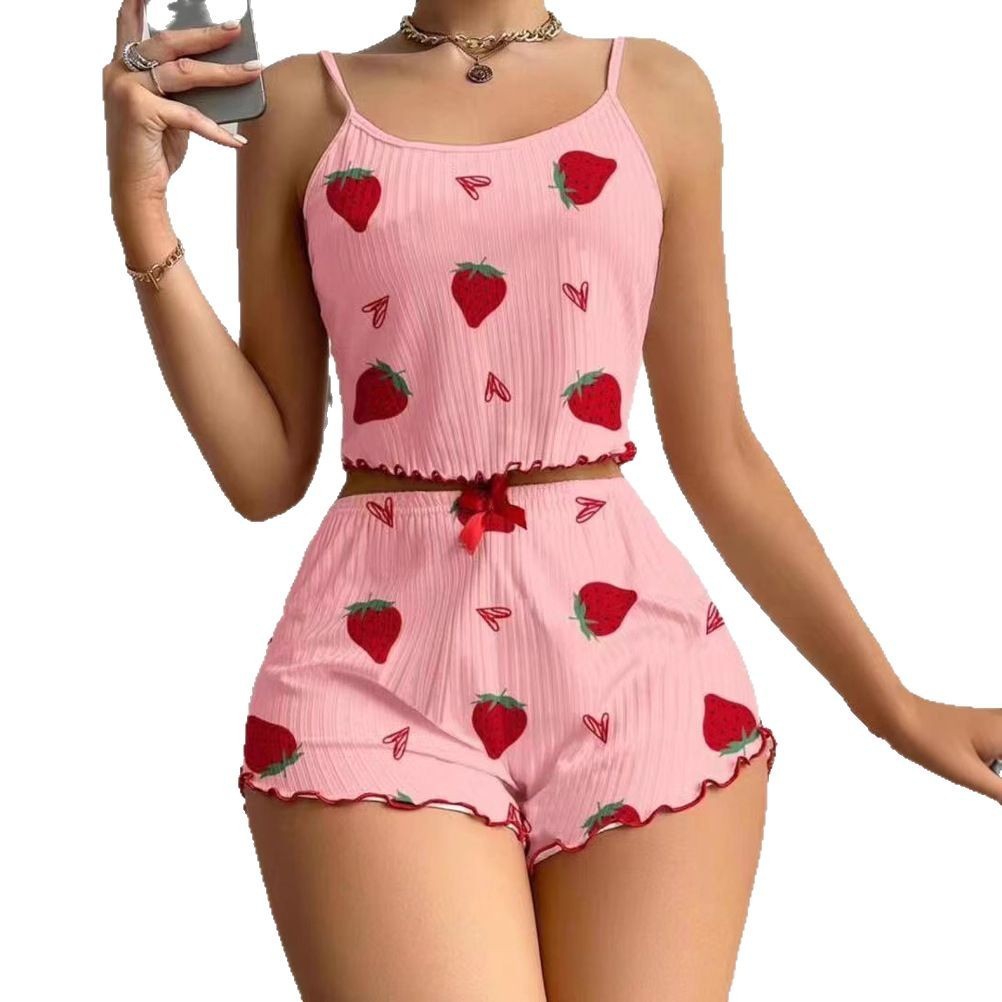 Women's Pajamas Fashion Printed Sweet Spaghetti-strap Shorts Suit